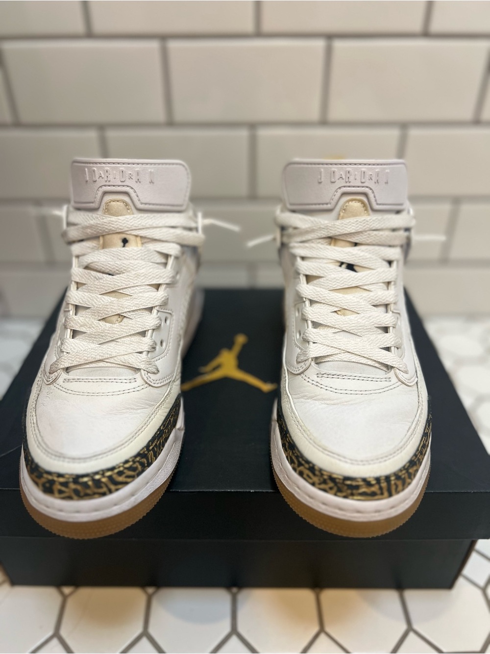 Jordan Youth Sneakers in White and Gum and Gold